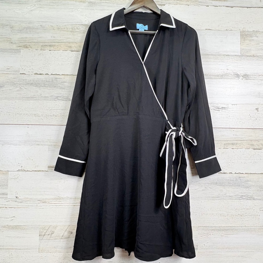 CeCe Womens Black White Contrast Trim Long Sleeve Wrap Dress Size M Bow‎
